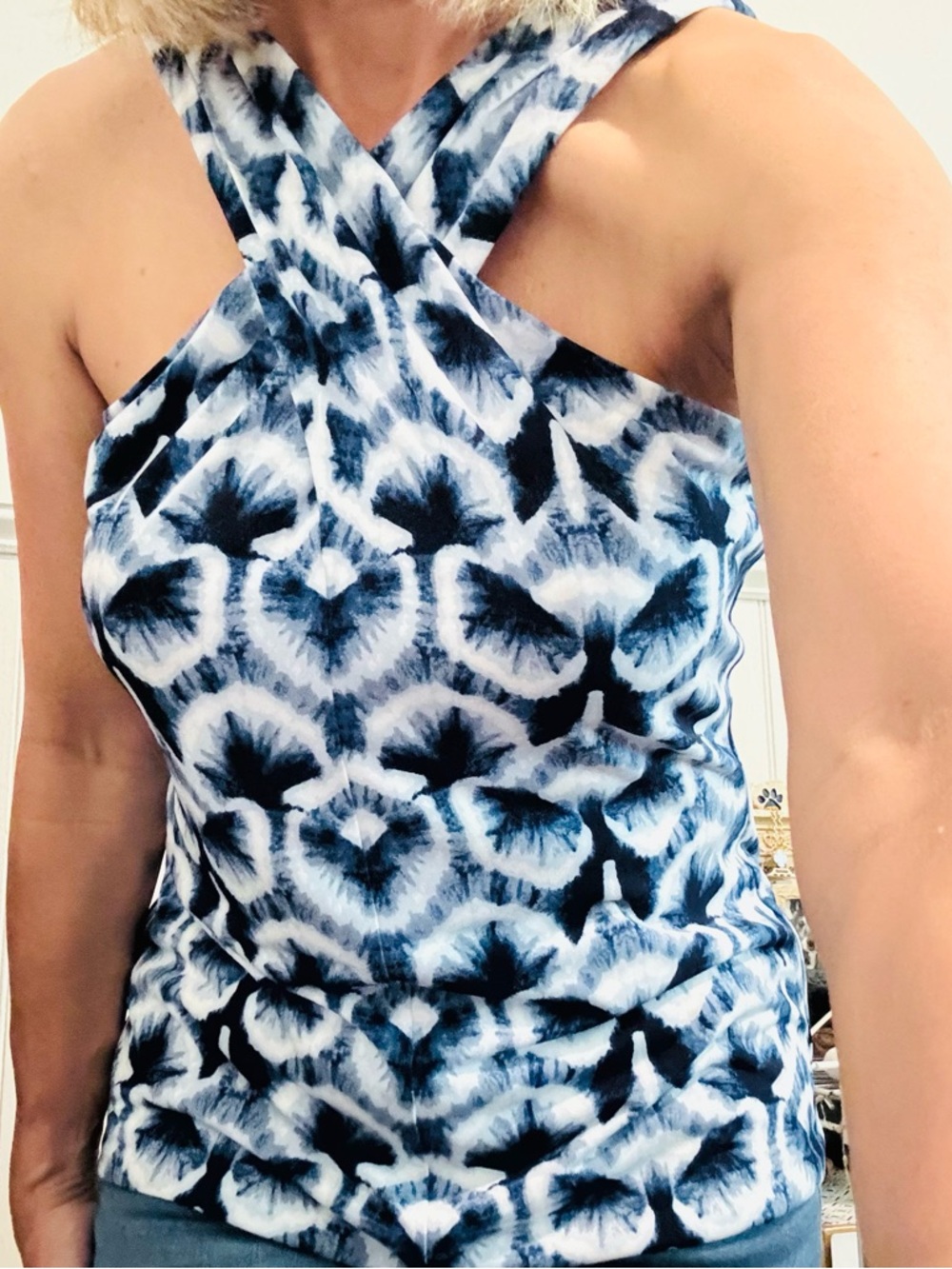 White House Black Market Blue & White Tie-Dye Wrap Top